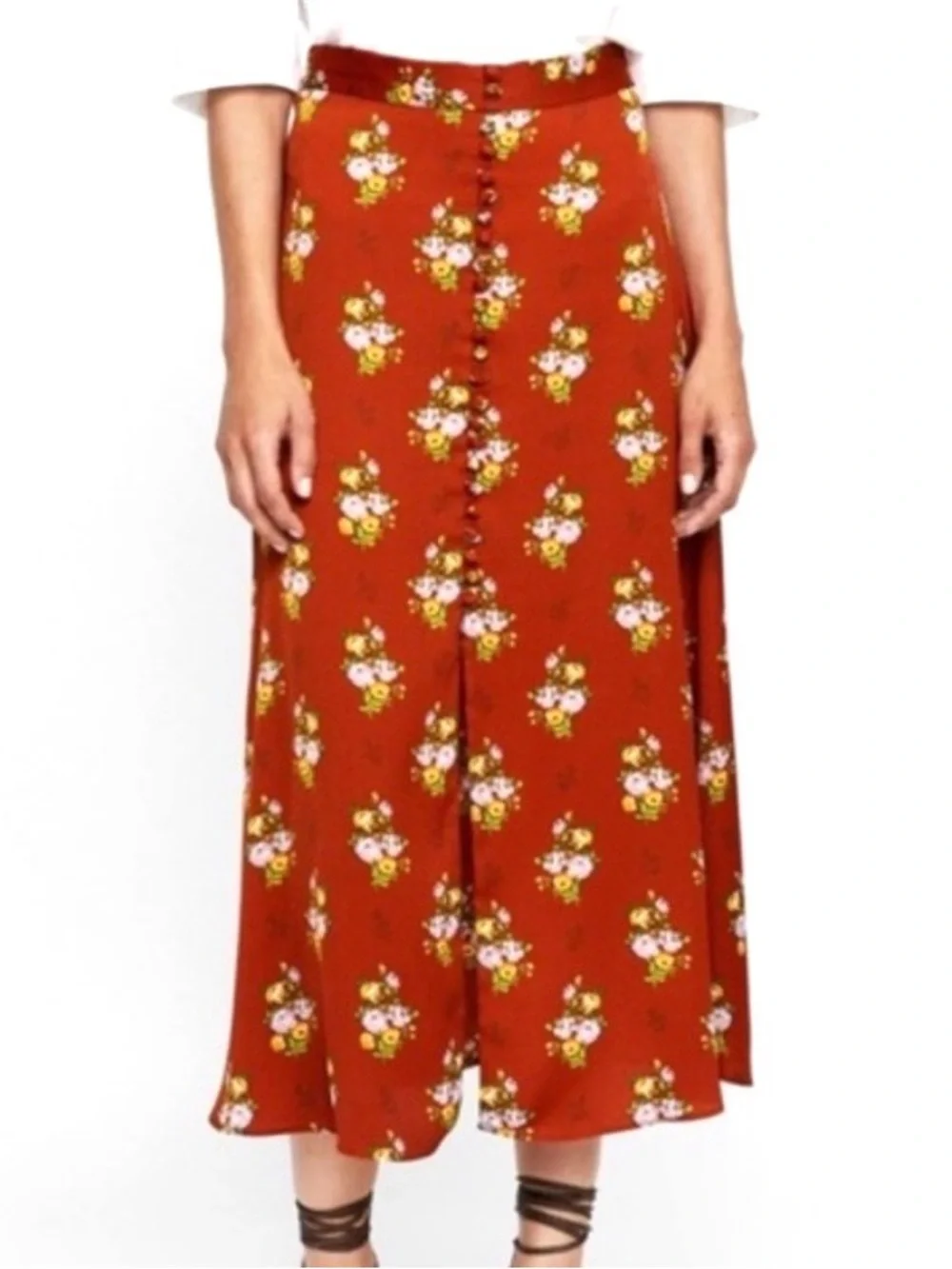 Zara Floral Midi Skirt Button Front Slit A-Line Size XL - Picture 1 of 12